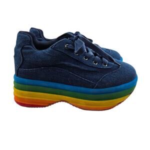 Jeffrey Campbell Brainy Rainbow Platform Denim Sneakers Women 9.5 Pride Dopamine